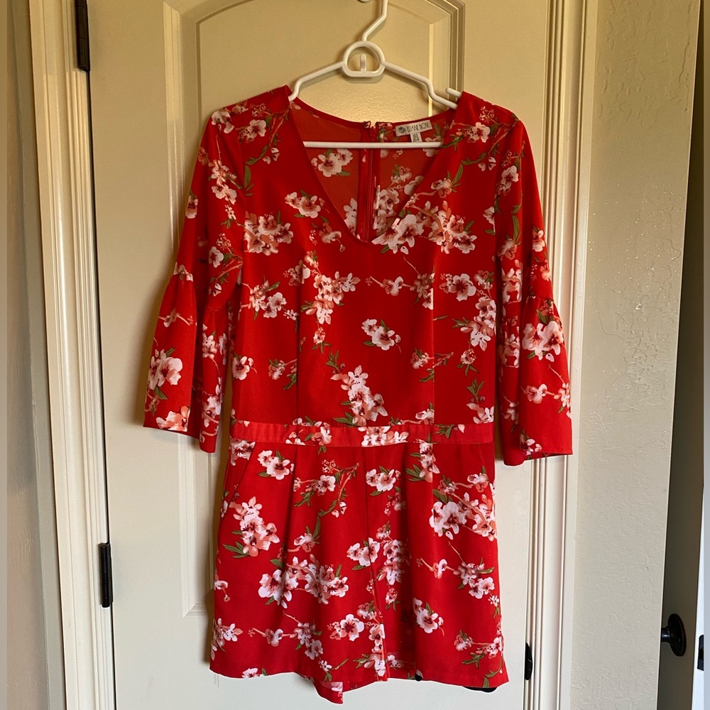 Red Floral Romper- Butterfly Sleeves